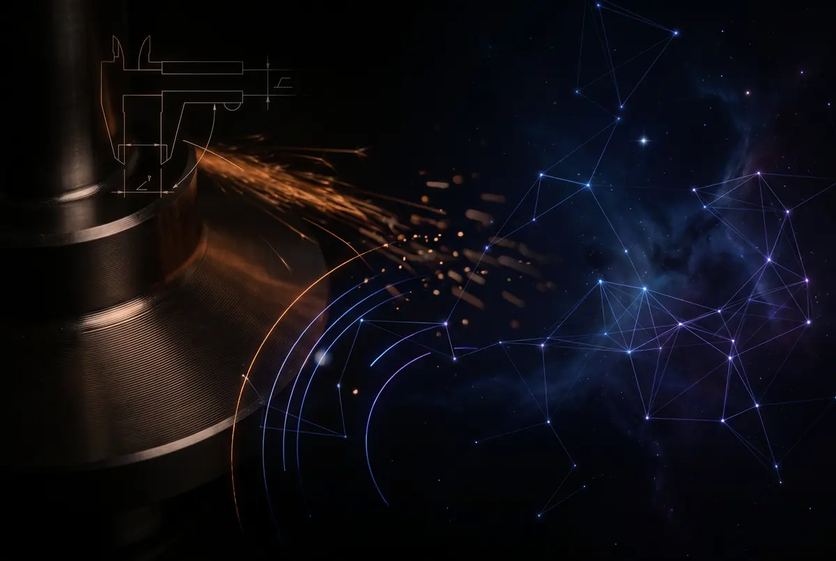 Abstract composition: a precision-machined steel component throwing sparks that scatter and reassemble into a lattice of glowing nodes in deep space.